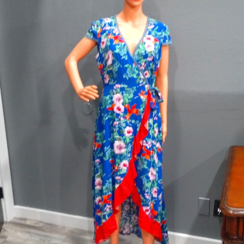 Solitaire High Low Dress Floral Print Wrap Silhouette Self Tie At Waist Size M